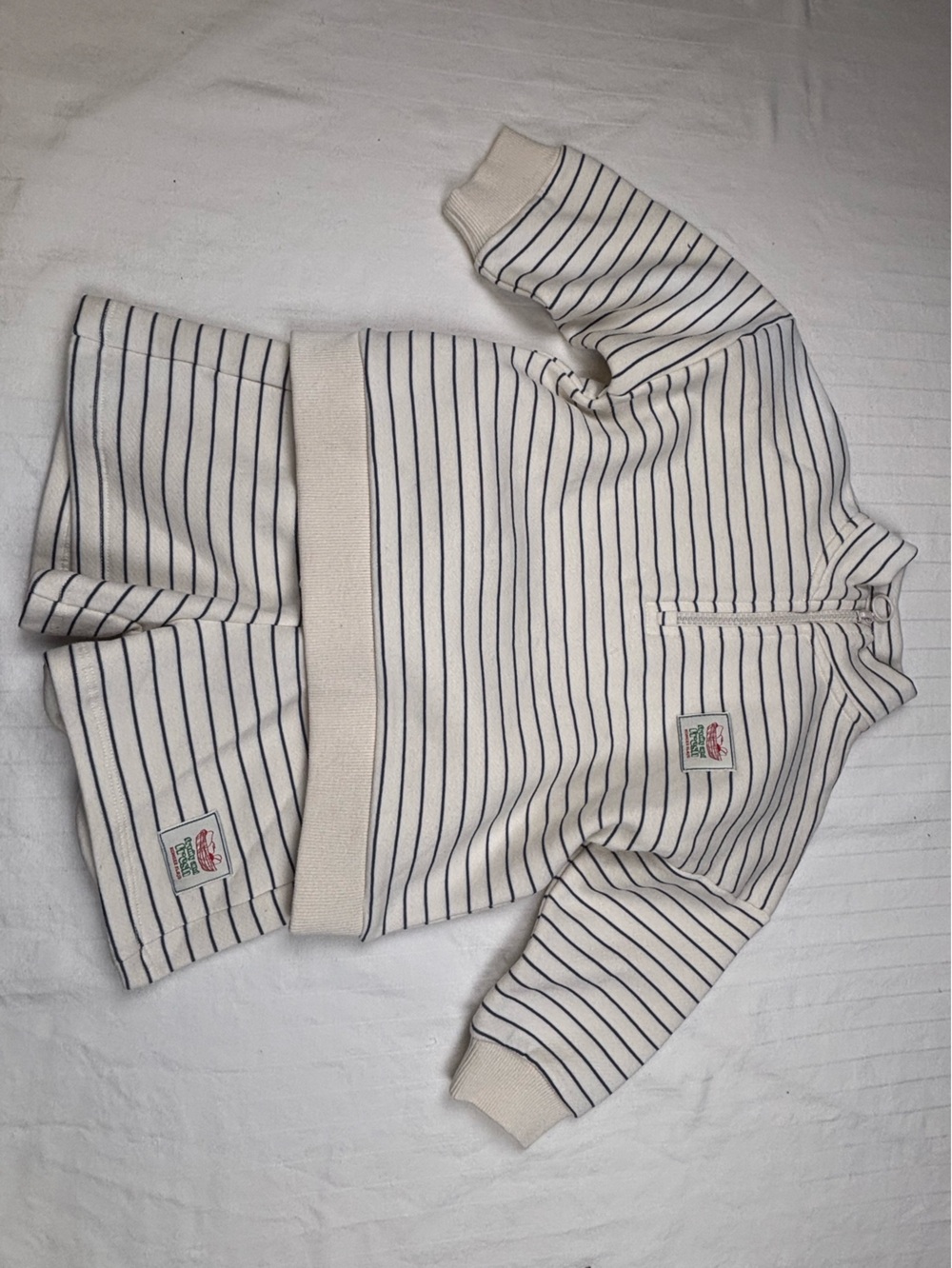 Longest Slojd 18 M Cream and Navy Striped kids shirt sweatshirt Quarter Zip set